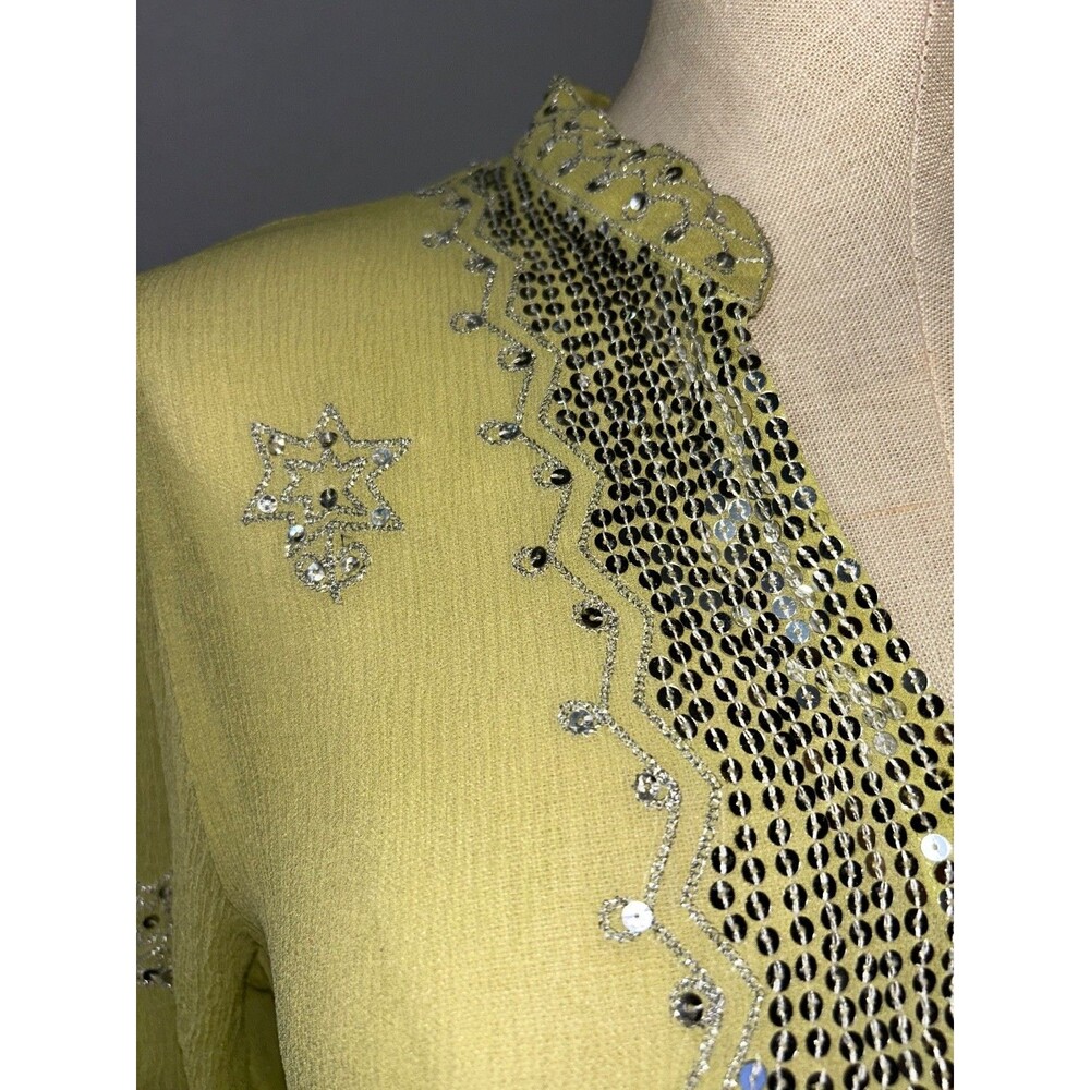 Dressbarn Vintage Women’s Sequined Silk Chiffon Tunic Top size M Lime Green Boho - Picture 3 of 9